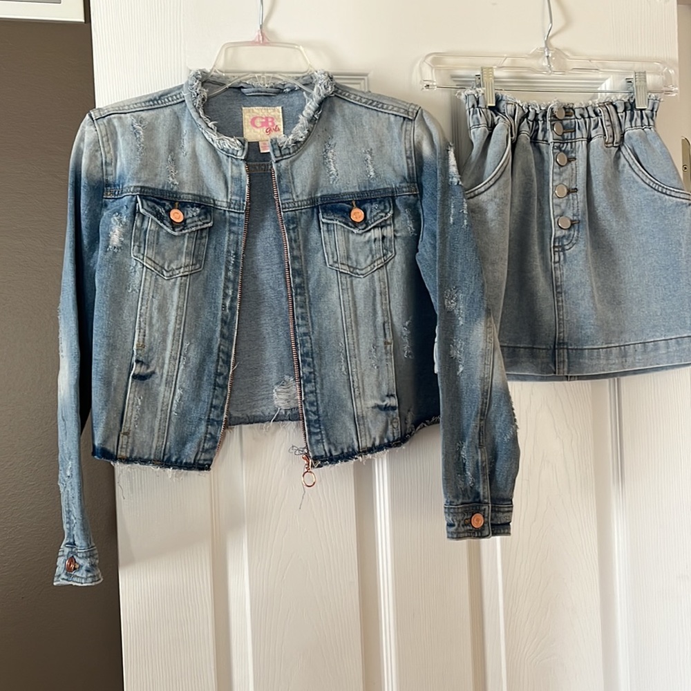 Distressed jean skirt with matching jacket!! Never worn!